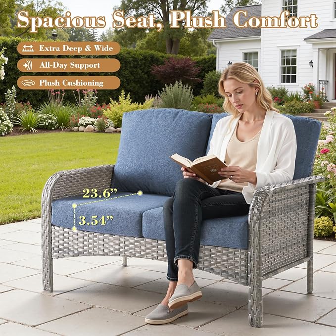 6 Pieces Patio Furniture Set, All-Weather Rattan Wicker Outdoor Furniture Loveseat Chairs with Coffee Table, High Back Conversation Set for Porch, Backyard, Balcony,Denim Blue