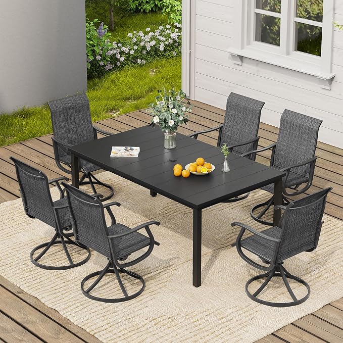 VICLLAX 7 Pieces Patio Dining Set, Patio Furniture Set of 6 Patio Swivel Dining Chairs and Rectangular Patio Table, Dark Charcoal Chairs & Black Tabletop