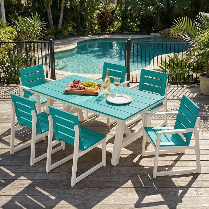 Costaelm Outdoor Dining Tables for Patio, 72" Rectangle 6-Person HDPE Dining Table with Umbrella Hole and Metal Frame for Outside, Garden, Poolside, Backyard, Porch, Balcony, Turquoise