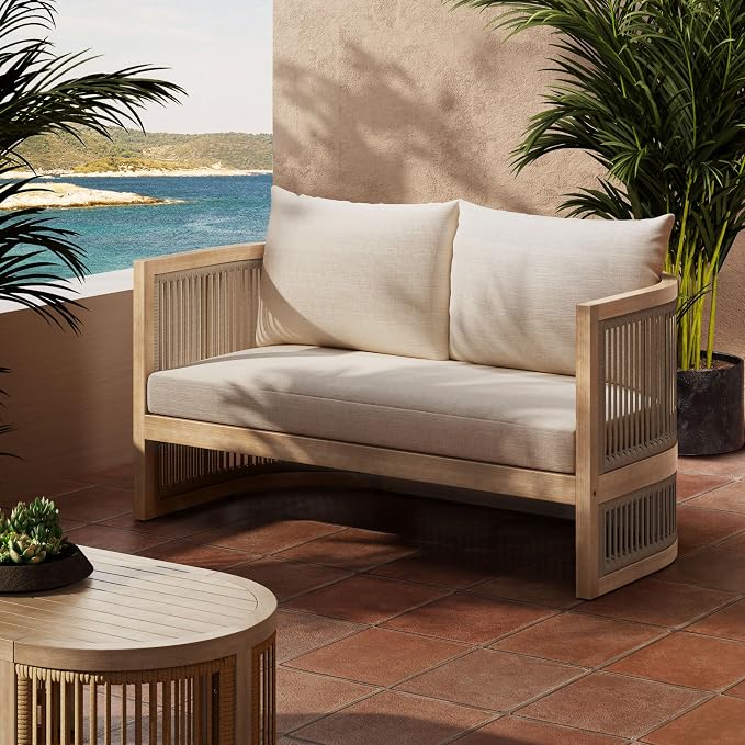 Christopher Knight Home 4-Piece Acacia Wood Patio Furniture Set, Mid-Century Modern Outdoor Conversation Set with Loveseat, Curved Club Chairs, Cushions & MgO Fire Pit for Backyard, Light Teak+White