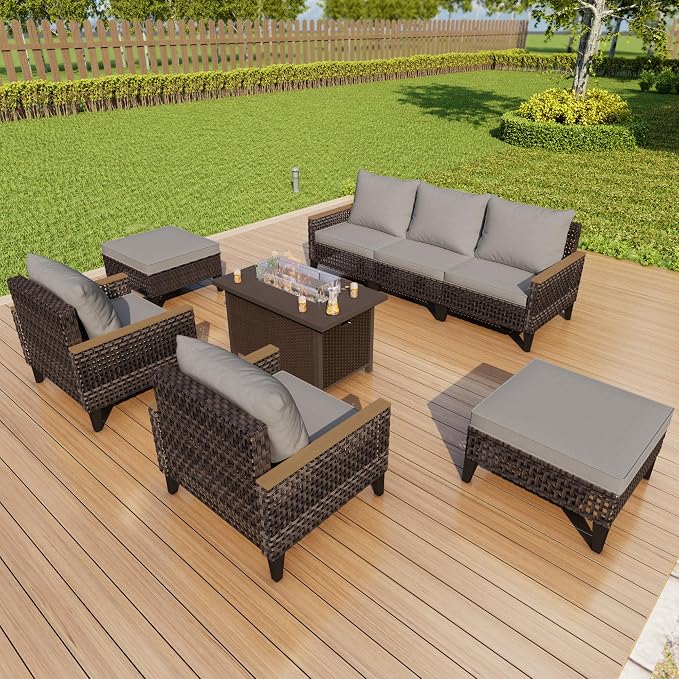 8 Pieces Patio Conversation Sets, Outdoor Furniture Set with Fire Pit Table, Wicker Rattan Sectional Modular Sofa Seating Set for Porch, Poolside, Deck, Balcony, Backyard, Yard, Garden (Gray Cushions)