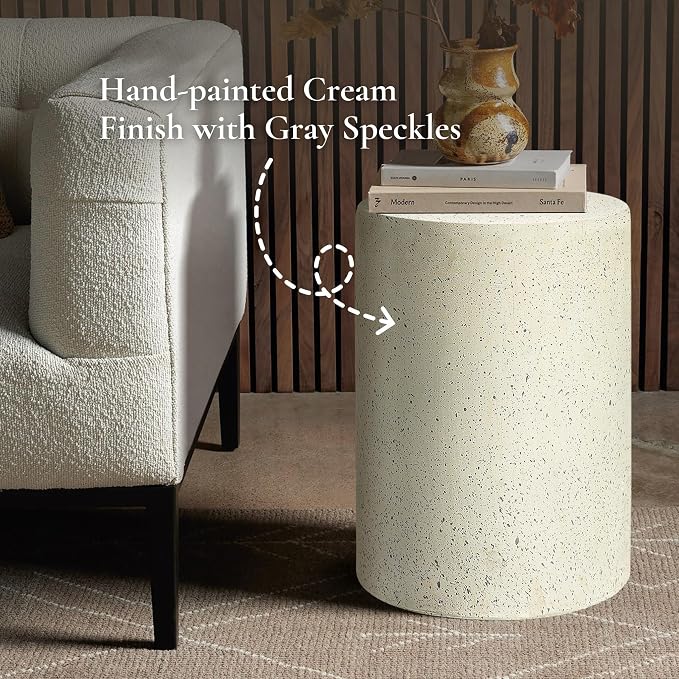 LuxenHome Cream with Speckled Gray Cement Round Indoor Outdoor Side and End Table (Set of 2)