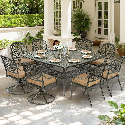 9-Piece Patio Cast Aluminum Dining Set, Outdoor Dining Furniture Set for 8 Person, Includes 64" Square Table, 4 Stationary and 4 Swivel Dining Chairs with Umbrella Hole, Tan