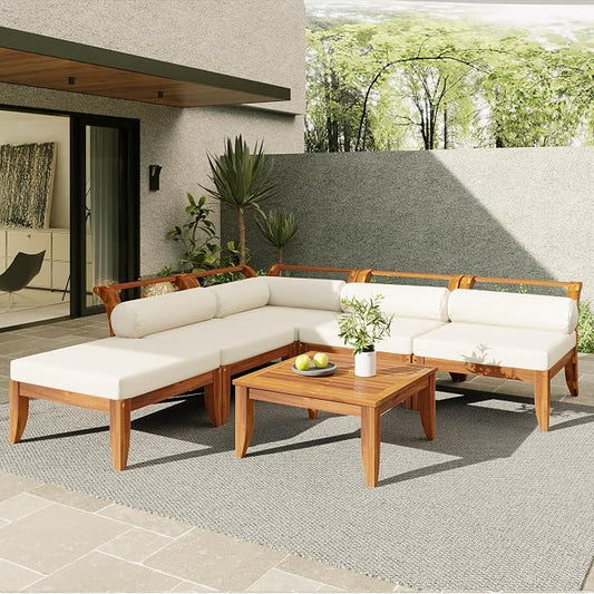 RuiSiSi 6 Piece Patio Sofa Set, Acacia Wood Outdoor Modular Sectional Garden Furniture Set, L-Shaped Conversation Set with Tea Table, Ottoman, 5 Cushions and Pillows, Teak+Beige