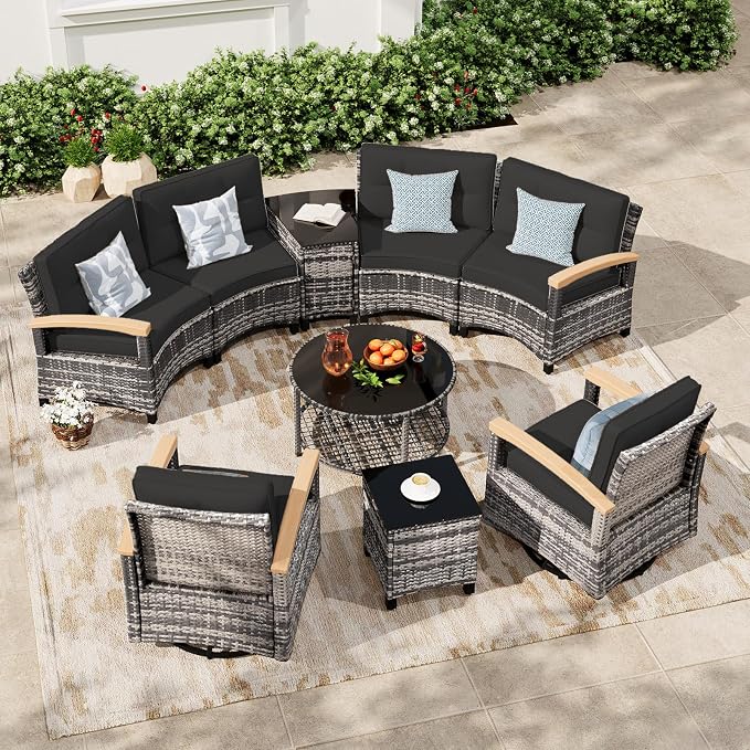 MEISSALIVVE 9-Piece Half-Moon Curved Outdoor Patio Furniture Set, Sectional Conversation Sofa with 2 Swivel Glider Chairs, Coffee & Side Tables for Backyard Deck Garden, Black