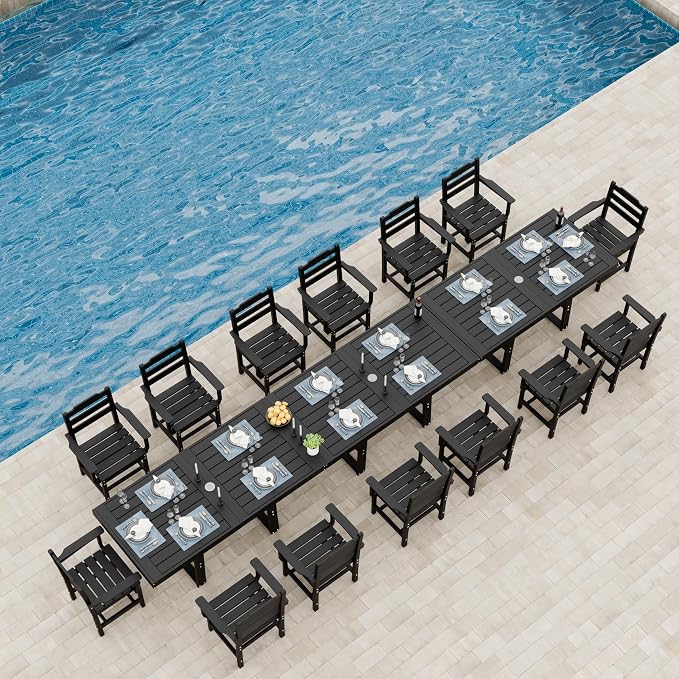 K Knowbody 17-Piece Outdoor Patio Dining Table and Chairs Set, Seats 14 | Steel-Reinforced HDPE, 100 lb/sq ft Load Capacity, 2-Inch Umbrella-Ready Tables, All-Weather, Fade-Resistant, Charcoal Black
