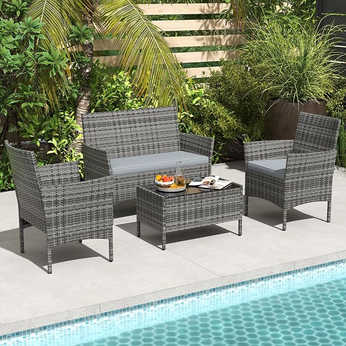 HAPPYGRILL 4 Pieces Outdoor Rattan Conversation Set, Patio Wicker Furniture Set with Loveseat Chairs & Tempered Glass Coffee Table, Outside Sectional Sofa Set for Backyard Garden Poolside, Gray