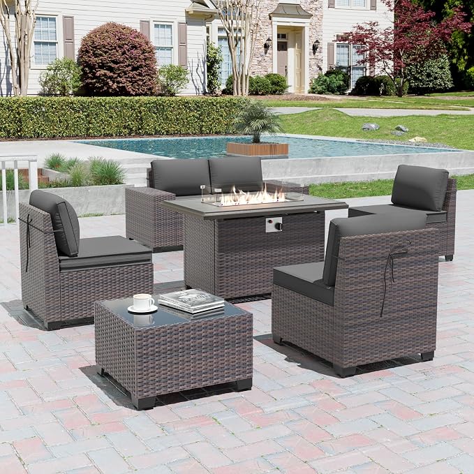 7 Pieces Outdoor Patio Furniture Set with 43"/55000BTU Gas Fire Pit Table,PE Rattan Wicker Outdoor Conversation Sofa Set Non-Slip Cushions Waterproof Covers for Backyard,Poolside,Garden,Grey