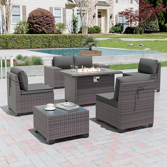 7 Pieces Outdoor Patio Furniture Set with 43"/55000BTU Gas Fire Pit Table,PE Rattan Wicker Outdoor Conversation Sofa Set Non-Slip Cushions Waterproof Covers for Backyard,Poolside,Garden,Grey