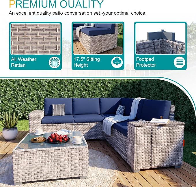 7-Piece Patio Furniture Set, Outdoor Patio Conversation Set with 60,000 BTU Fire Pit Table, PE Rattan Wicker Sectional Sofa with Large Capacity Seats,Widened Armrests, Extra High Backrest, Navy Blue