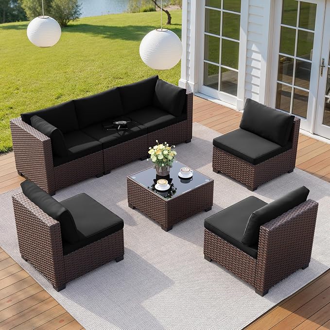 Qsun 7 Pieces Outdoor Patio Furniture Set, All-Weather PE Rattan Outdoor Patio sectional Furniture with Cushions and Glass Table, for Garden, Backyard, Porch, Black