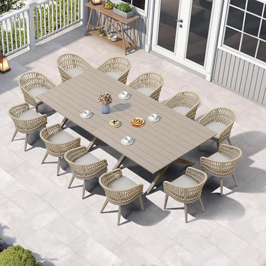 PURPLE LEAF 14 Pieces Outdoor Dining Set All-Weather PE Rattan Outdoor Patio Furniture Set with All Aluminum Frame Rectangular Table and Chairs Set for Lawn Garden Backyard Deck, Champagne