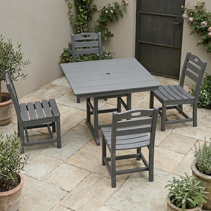 WILLIAMSPACE 37.8" Outdoor Patio Dining Set with 4 Armless Chairs, All Weather HDPE Square Dining Table with Umbrella Hole, Patio 5-Piece Bistro Set for Backyard, Balcony, Lawn, Kitchen (Grey)