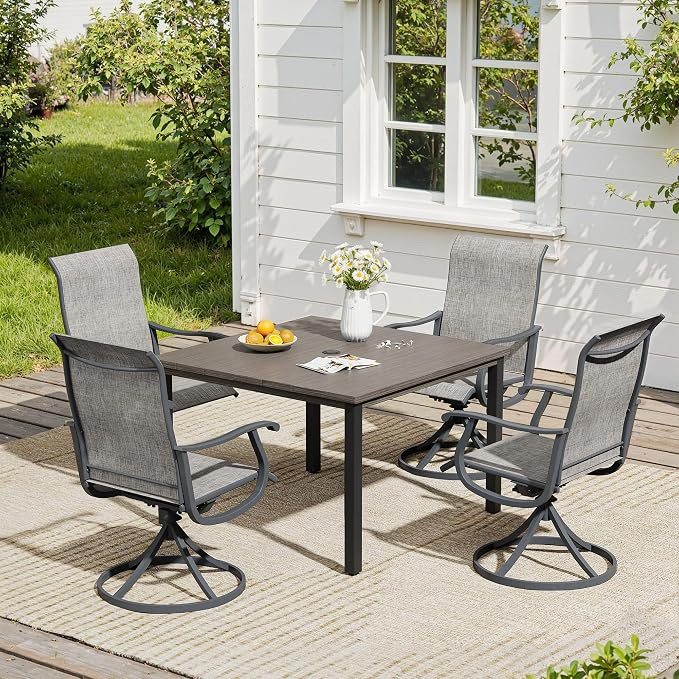 VICLLAX 5 Pieces Patio Dining Set, Patio Furniture Set of 4 Patio Swivel Dining Chairs and Square Patio Table, Grey Chairs & Antique Grey Tabletop