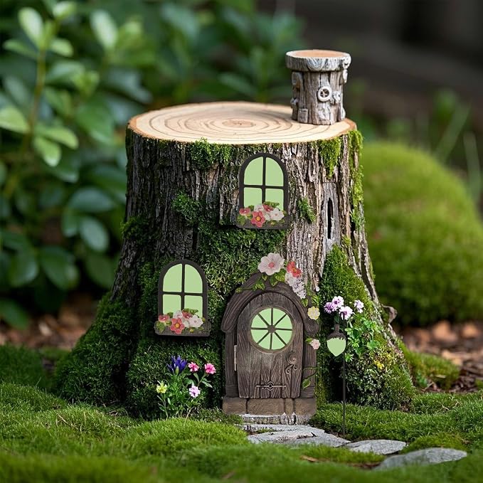 FESTGLOX Fairy Garden Door Windows for Tree Trunk Outdoor, Glow in the Dark | Fairy Garden Miniature Accessories for Tree, Resin Fairy House Kit with Fairy Lantern for Gnome, Yard, Lawn, Garden Decor