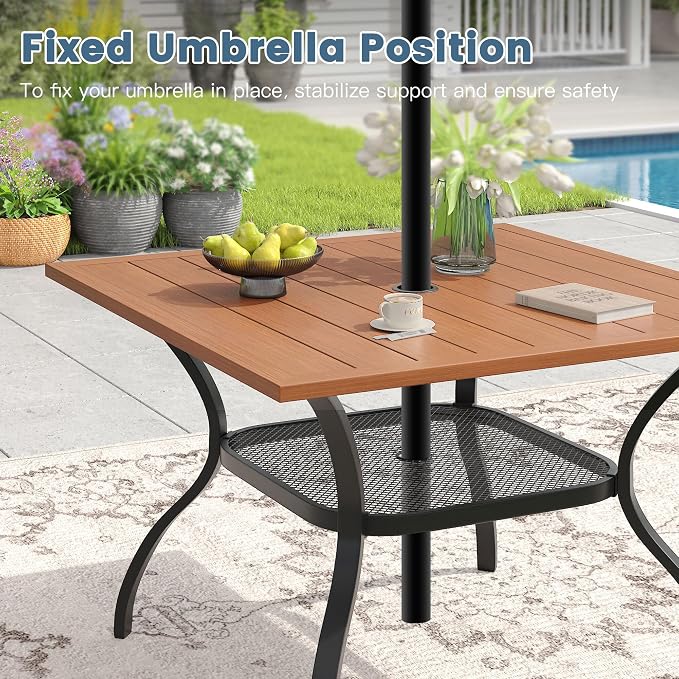 DIFY 5 Piece Outdoor Dining Set for 4, 37.8" Walnut Square Metal Dining Table with Umbrella Hole and Stackable Wicker Patio Chairs, All-Weather Patio Table and Chairs Set for Deck Garden Backyard