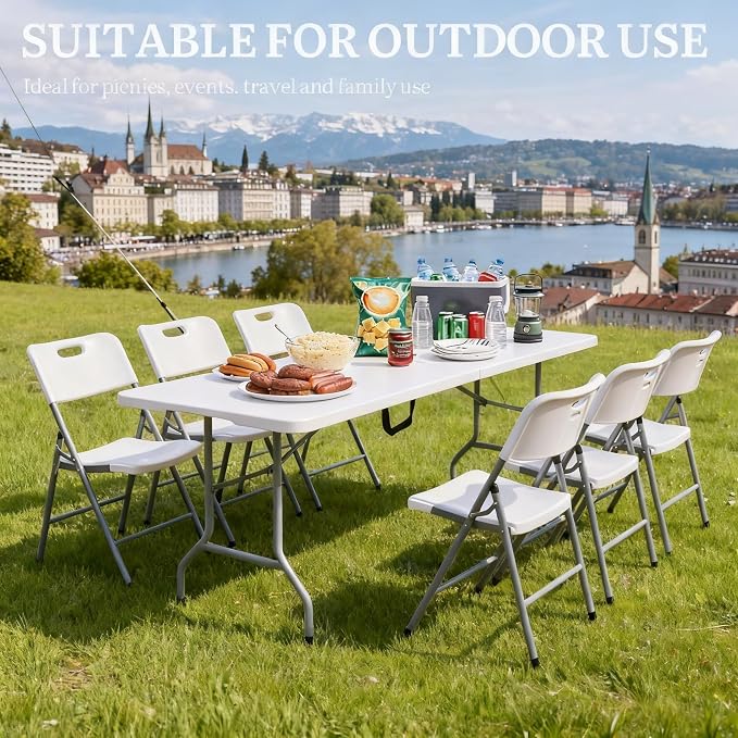 DWVO 6FT Folding Table, Heavy Duty Folding Tables with Carrying Handle, HDPE Fold up Table for Outdoor Camping Picnic Parties, Indoor Events (White)