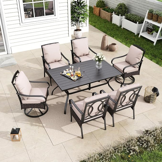 MFSTUDIO Outdoor Patio Dining Set for 6, Outdoor Table and Chairs for 6, Rectangular Metal Table with 2 Swivel Chairs & 4 Leg Chairs, 7 Pieces Patio Dining Furniture Set, 1.6-2'' Umbrella Hole