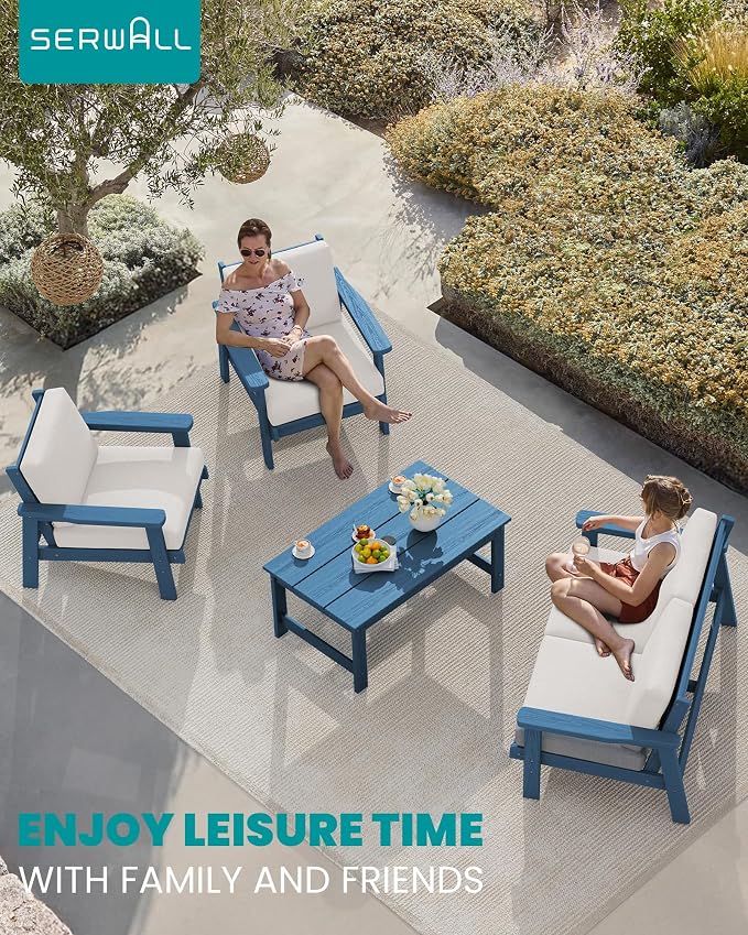 SERWALL HDPE Outdoor Couch Set of 2, Blue Frame and Khaki Cushion
