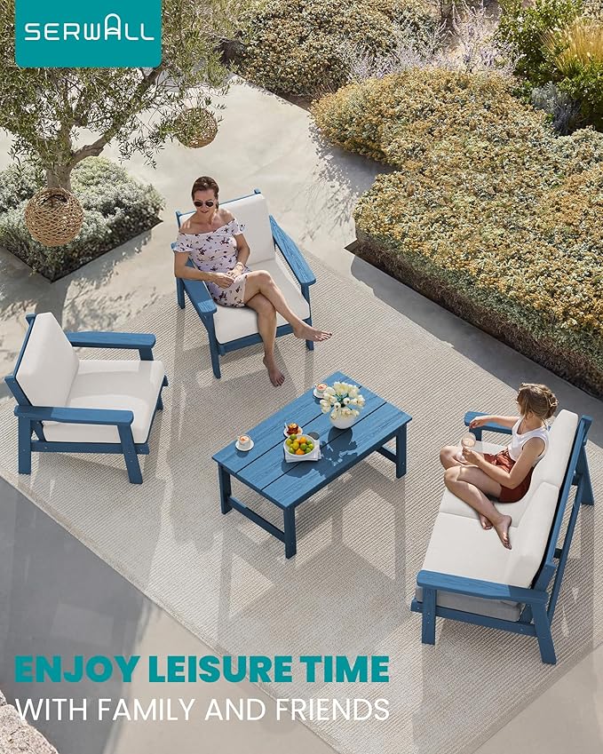 SERWALL Outdoor Patio Furniture Set, 5 Piece HDPE Patio Conversation Sets, All-Weather Wood-Like Outdoor Couch Loveseat and Coffee Table with Thick Cushions for Porch Balcony Garden Backyard