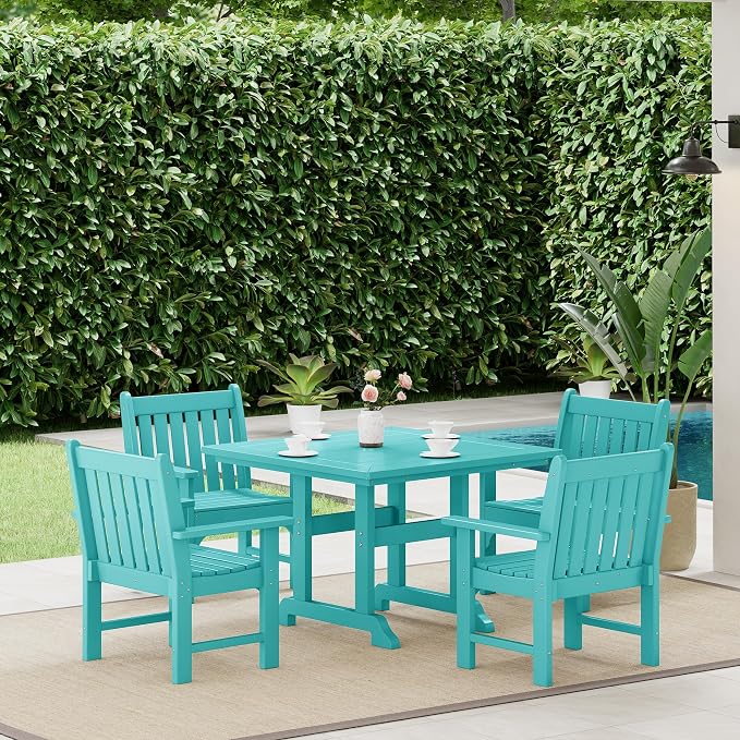 Costaelm Square Outdoor Dining Tables, 43'' Patio Table with Umbrella Hole for 4 Person, Balcony Outdoor Buffet Porch for Outside Lawn Porch Bistro Furniture, Turquoise