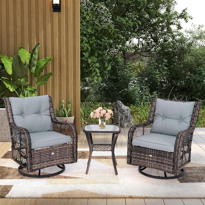 HAPPYGRILL 3 Pieces Outdoor Swivel Rocking Bistro Set with Side Table and Soft Cushions, PE Rattan Patio Furniture Set Glider Rocker Chair Set for Porch, Backyard, Garden and Poolside