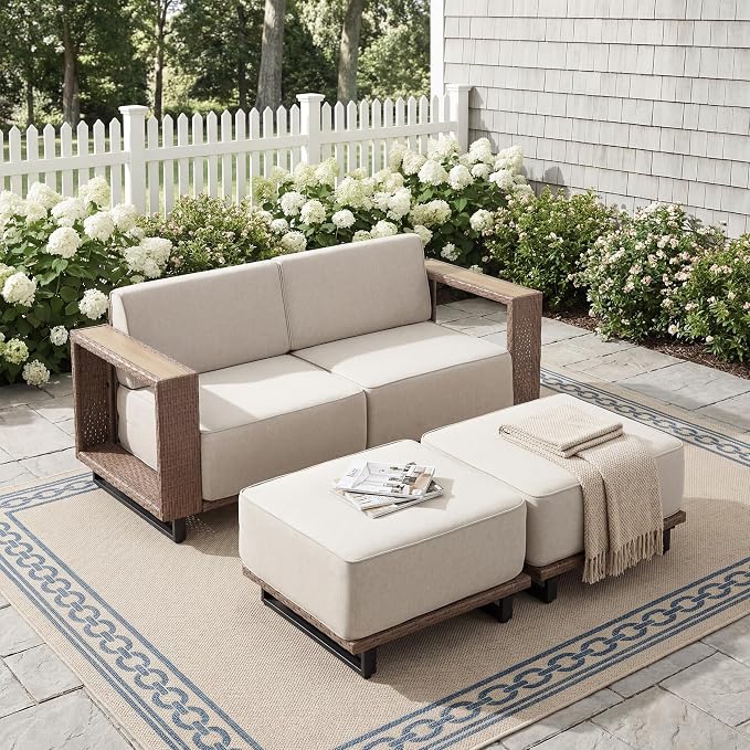 Bonzy Home 3 Piece Patio Furniture Set, Wicker Rattan Loveseat Sofa with 2 Ottoman and Extra-Thick Soft Cushions, Loveseat Couch Outdoor Patio Furniture with for Porch, Balcony