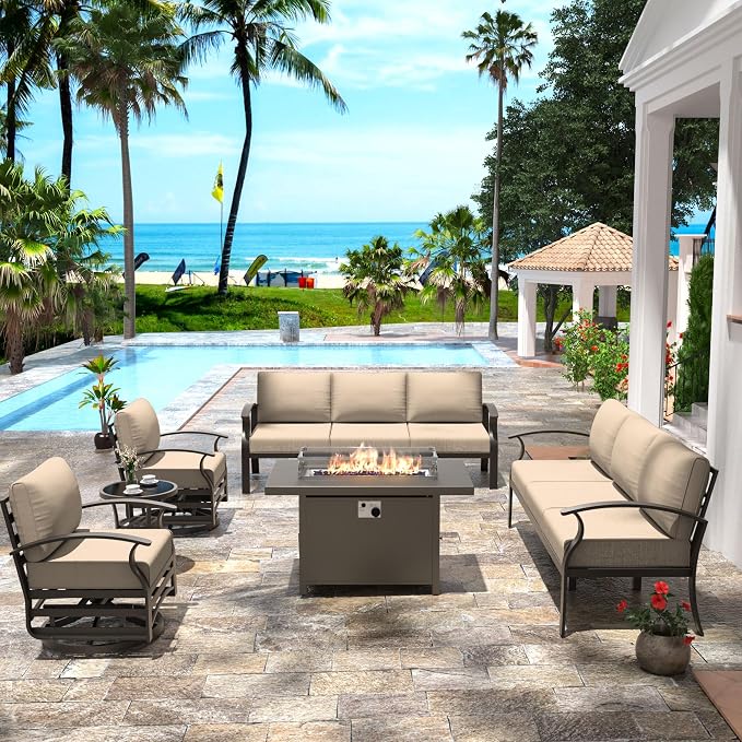 Aluminum Patio Furniture Set with 55,000 BTU Propane Fire Pit Table,8 Seats Metal Modern Outdoor Furniture w/5.1" Cushions,Patio Sectional w/Swivel Chairs for Patio,Backyard,Sand