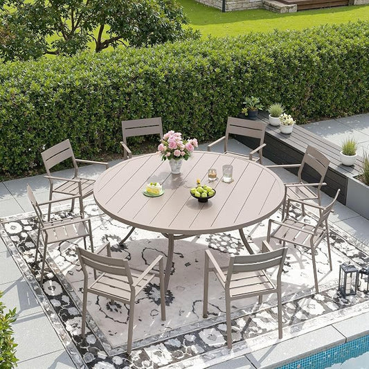 DIFY 9 Piece Outdoor Patio Dining Set for 8, Patio Table and Chairs Set with Umbrella Hole, 53" Round Dining Table and Stackable Metal Chairs for Backyard Garden Poolside, Sandshell