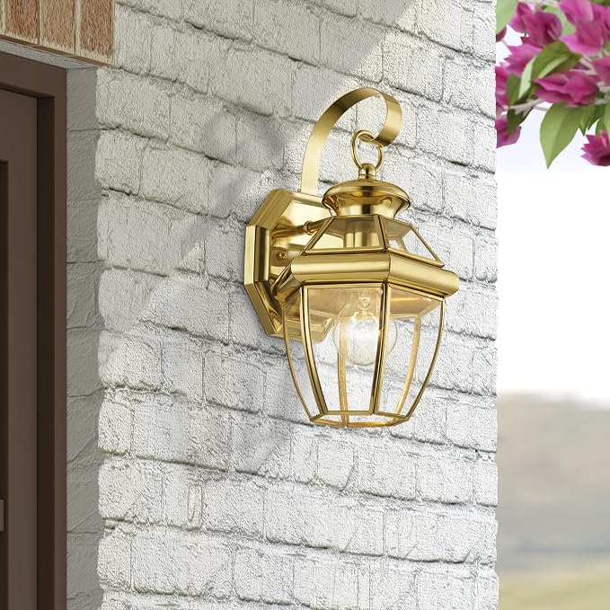 Livex Lighting 2051-02 Monterey 1-Light Wall Lantern, Polished Brass | Clear Beveled Glass; Solid brass construction