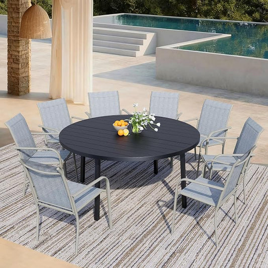 9 Pieces Patio Dining Set for 8, Beige Blue Patio Stackable Chairs and Black Round Table Set of 8, Outdoor Furniture Set with Sling Support for Outside, Garden