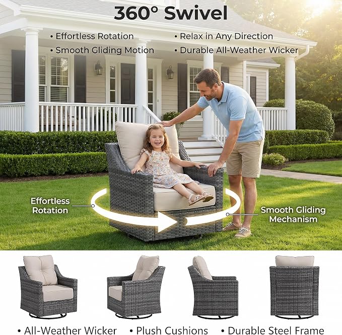 13 Piece Patio Furniture Set with 6" Thick Cushions, Weather-Resistant Wicker Swivel Rocker High Back Chairs and Fire Pit Table for Porch Yard Deck