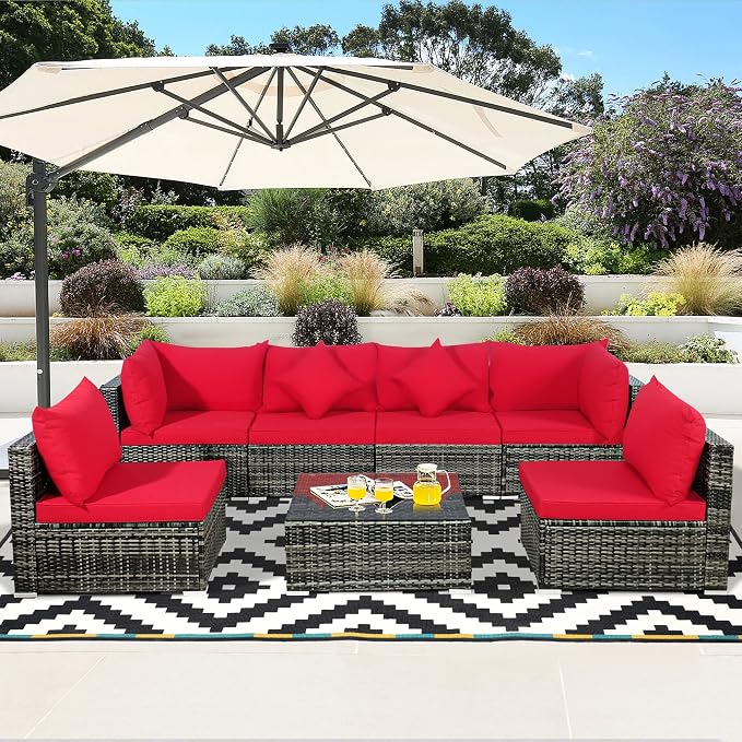 DORTALA 7Pieces PE Rattan Patio Furniture Set, All-Weather Wicker Conversation Set W/Soft Cushions & Pillows, Functional Coffee Table, Outdoor Sectional Sofa Set for Balcony, Poolside, Backyard, Red