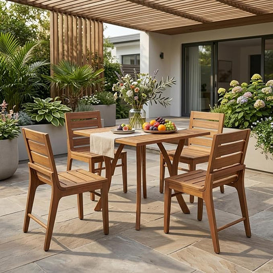 Christopher Knight Home Papali Acacia Wood Patio Dining Set for 4, Weather Resistant Outdoor Dining Table Set for 4, Square Dining Table and Chairs Set of 4 with Slatted Design, Teak