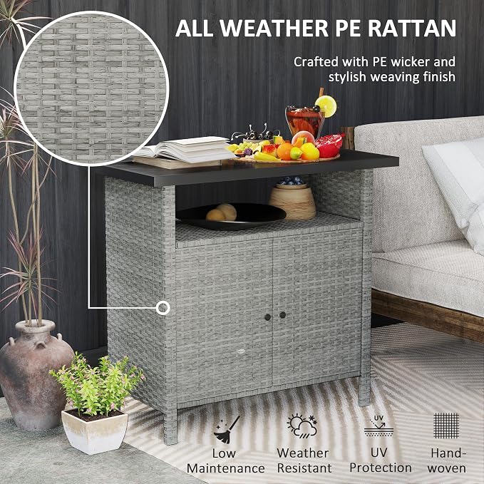 Outsunny Wicker Outdoor Storage Cabinet, Rattan Bar Table with 2 Doors and Shelf, Buffet Sideboard with Metal Slatted Countertop for Poolside, Patio, Backyard, Gray