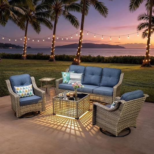 ovios 5 Piece Outdoor Patio Furniture with 3 Seat Sofa,Rattan Wicker Coversation Set with Swivel Rocking Chair,Balcony Sofa Set with Shiny Table for Outside Porch Backyard Pool, Blue