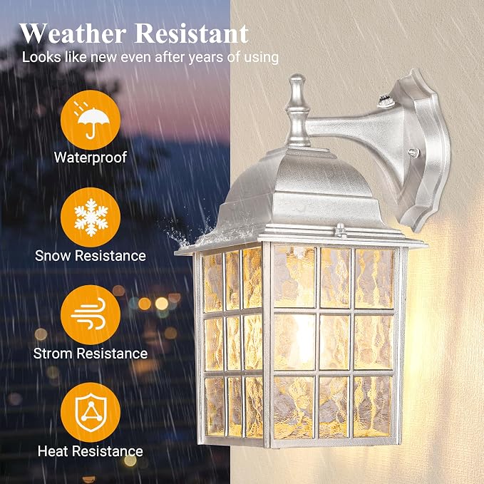 Exterior Lighting Fixtures Wall Mount Set of 2, Dusk to Dawn Porch Lights | Aluminum Frame, Water Rippled Glass, Waterproof, E26, Sensor Wall Lantern, Outdoor Wall Sconce For Garage, Front Door
