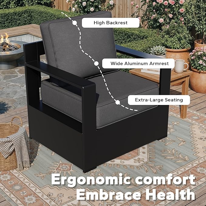 Outdoor Aluminum Furniture Set, 4-Piece Patio Conversation Set, 2 Chairs, 1 Sofa and 1 Fireplace, All-Weather Metal Frame, 6" Thick Removable Cushions, Deep Setting for Garden, Poolside and Porch