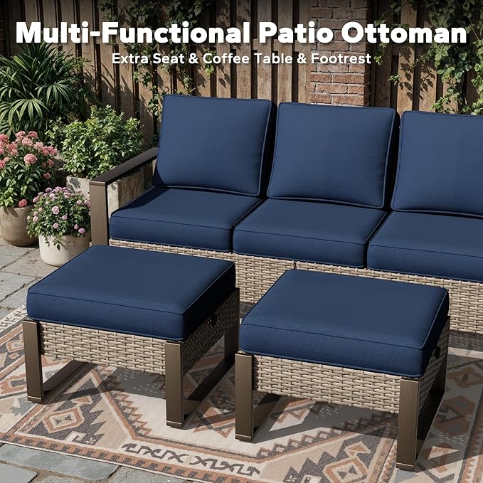 Outdoor Patio Swivel Rocker Chairs, 5 Pieces Wicker Furniture Set, 2 Swivel Rocking Chairs, 1 Sofa and 2 Ottoman, Metal Wide Armrest, Thick Cushions and Deep Seating for Garden, Backyard, Porch, Deck