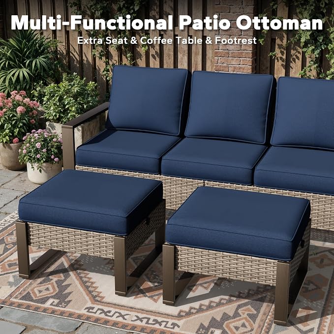Outdoor Patio Swivel Rocker Chairs, 7 Pieces Wicker Furniture Set, 4 Swivel Rocking Chairs, 1 Sofa and 2 Ottoman, Metal Wide Armrest, Thick Cushions and Deep Seating for Garden, Backyard, Porch, Deck