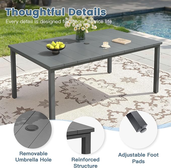 DIFY 7 Pieces Outdoor Dining Set, Metal Patio Table and Chairs Set for 6, 63" Rectangle Dining Table with Umbrella Hole & Wicker Stackable Patio Chairs with Cushions, Grey Tabletop
