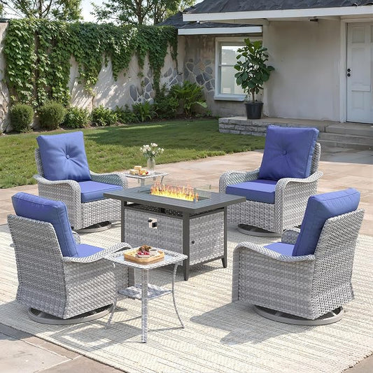 7-Piece Outdoor Conversation Set with 43" Fire Pit Table, 4 Swivel Rocking Chairs (4" Cushions) & 2 Side Tables, All-Weather PE Rattan & Steel Frame for Porch, Deck, Backyard, Blue
