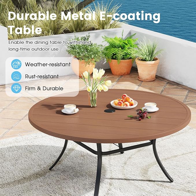 11 Pieces Patio Dining Set, 60" Round Dining Table with Umbrella Hole, 10 Stackable Textilene Fabric Chairs, Metal Structure for Patio, Porch, Garden(Walnut Table, Brown Chair)