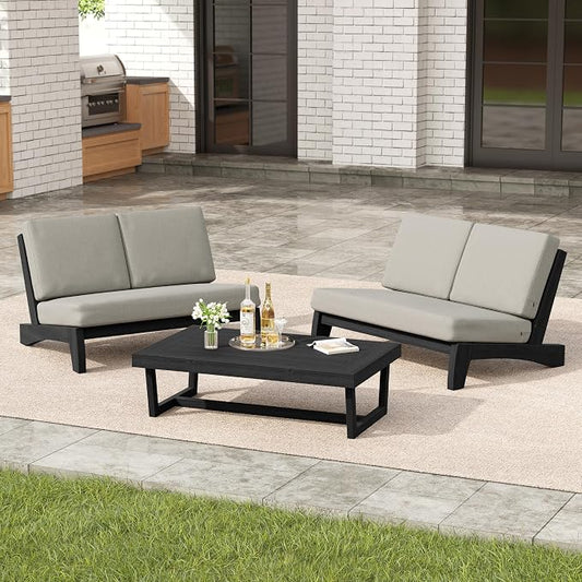 3 Pieces Patio Furniture Sets, All-Weather Outdoor Wood Bistro Set Patio Conversation Coffee Table Chiars and Patio Loveseat for Balcony, Backyard