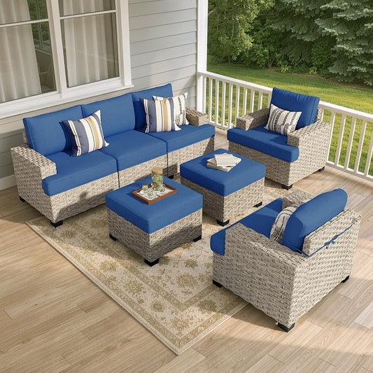 Weaxty 7 Pieces Outdoor Furniture Set, Patio Sectional Sofa Wide Seats Couch Chair with Ottoman, Thick Cushion All-Weather Rattan Patio Conversation Sets for Backyard Porch Balcony, Navy Blue