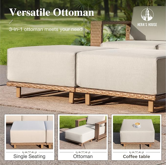HERA'S HOUSE Patio Sectional Furniture Set, Modular Outdoor Conversation Sets with 5.3" Widened Armrest & 10" Thick Cushion, Low Profile Yellow Wicker Rattan Sofa with 2 Ottomans for Deck Yard Lawn