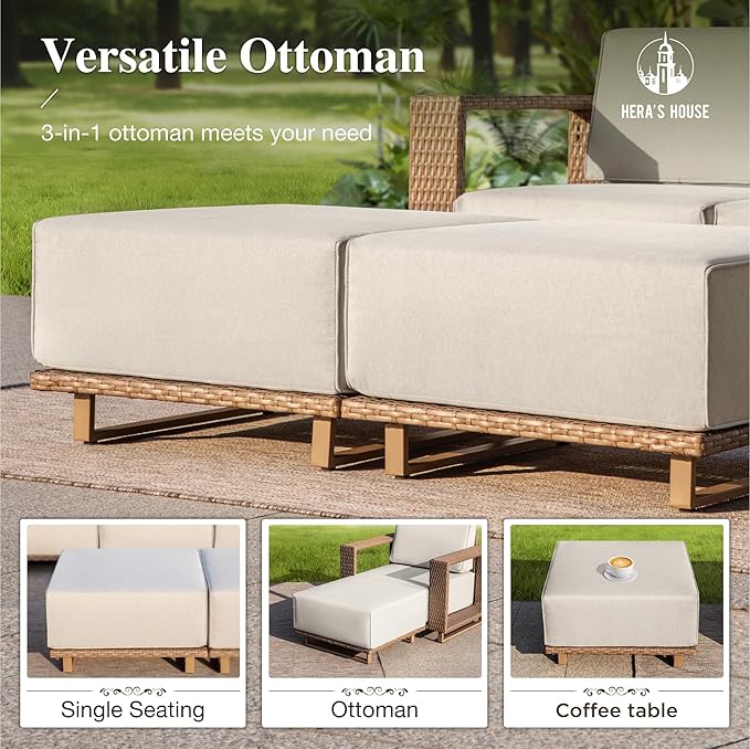 HERA'S HOUSE Patio Sectional Furniture Set, 8 Pieces Outdoor Yellow Rattan Wicker Sofas, Modular Deep Seating Conversation Set with 10" Thick Cushion, Low Profile Deck Yard Lawn Furniture