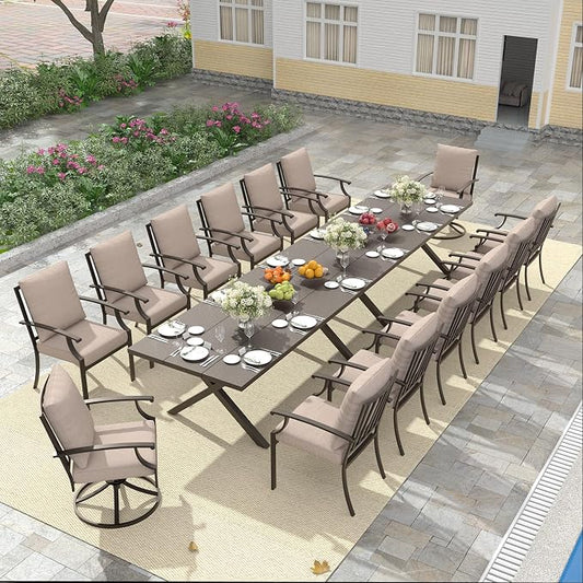 16 PCS Outdoor Patio Dining Set,Patio Table and Chairs Metal Outdoor Patio Furniture Set with Umbrella Hole,Dining Table Set with Swivel Chairs for Deck,Backyard and Garden,Brown