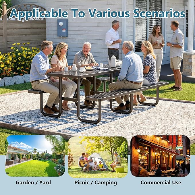 96" Heavy Duty Metal Picnic Table for 10 People, Outdoor Dining with Umbrella Hole, Galvanized Steel Rustproof Frame 882LBS Capacity, Mesh Top for Garden Patio Camping, Black