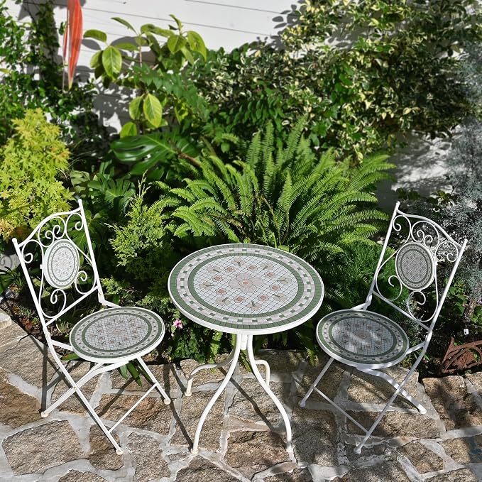 Round Outdoor Side Table Patio Bistro Ceramic Mosaic Patterned Design Tile Top Round Table Outdoor Garden 24 Inch Metal Furniture Dining Table for Yard Balcony Porch Poolside Terrace (Pink Flower)